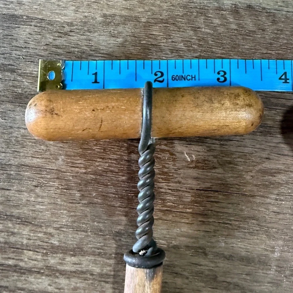 Antique Primitive Wooden T Handle Corkscrew with Sheath Twisted Wire Steel Worm